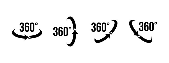 360 rotation icon set. 360 degree rotate vector illustration. 360 angle arrow pictogram. Panorama view symbol. Full turn sign. Full cycle 3D arrow rotation. Circle spin concept.