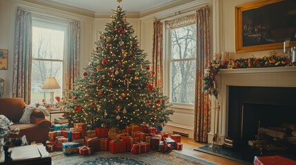 Obraz premium Traditional holiday setting showcasing a classically decorated Christmas tree surrounded by gifts, evoking nostalgia and warmth in an elegantly adorned living room.