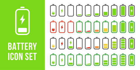 Battery charging icon set. Empty and full battery energy level icon collection. Low power mode battery vector illustration. Accumulator capacity pictogram. Web interface element for mobile phone.