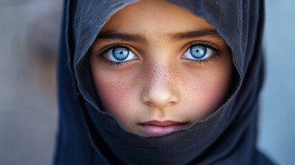 Fototapeta premium young muslim girl with blue eyes and wrinkles looking at camera wearing traditional hijab