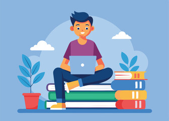 boy-student-sitting-on-stack-of-books-with-laptop-.eps