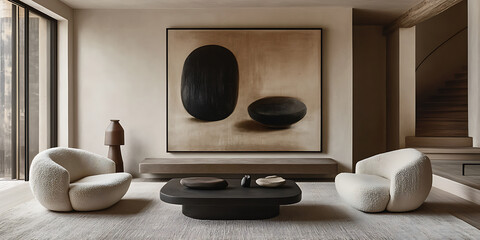  Minimalist japandi style interior design of modern living room Two boucle armchairs and black coffee table against stucco wall with frame Warm Beige Caramel mocha cream taupe Art Therapy Style