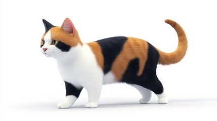 Obraz premium Isolated 3D calico cat icon with tail gently arched, displaying calmness, clean white background