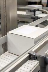 White carton boxes on the production lines of packing and labelling machine. 