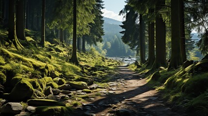 Sunlit path through mossy forest with river.