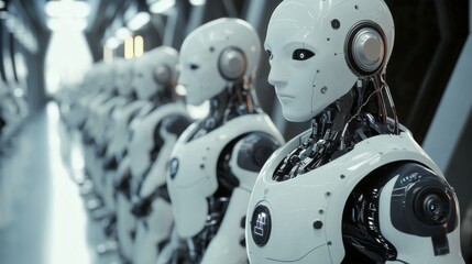 Fototapeta premium A line of sleek humanoid robots is showcased in a modern production line, representing advanced technology and precision engineering for futuristic applications.