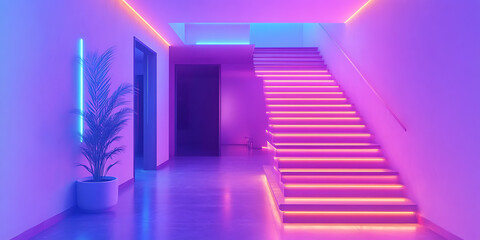  Modern modular private townhouses Residential minimalist architecture exterior Created with generative Ai Cyberpunk Neon purple bright cyan magenta dark gray Neo-Expressionism