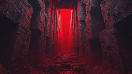 A dark, eerie corridor lit by a red glow, flanked by crumbling stone walls, creating a foreboding atmosphere.