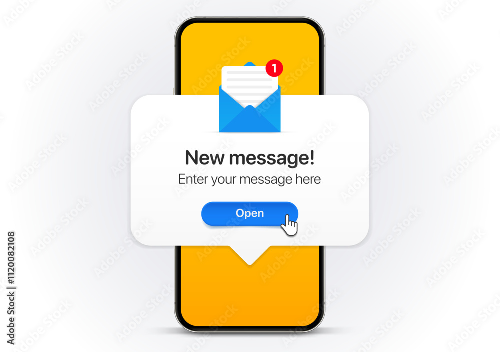 Poster new message notification concept on realistic smartphone mockup. new email pop up. incoming, open me