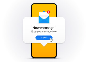 New message notification concept on realistic smartphone mockup. New email pop up. Incoming, open messaging. Chatting, mail, post, letter symbol, sign, emblem with new notification for UI UX website