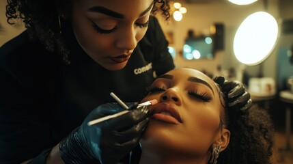 Here's a description of the image following your specifications.. A beautician applies lip color to a client during a makeup application.