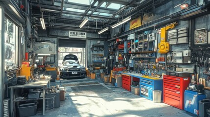 Well-equipped auto repair shop interior with car.