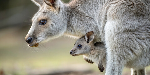 Fototapeta premium A portrait of a kangaroo with a baby in its marsupium. The mother kangaroo stands proudly, her strong, muscular build evident, while her baby peeks out from the pouch with curious eyes.