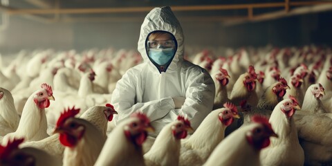 An individual wearing protective gear stands amidst chickens in a poultry facility, conveying themes of biosecurity, agriculture, safety, and modern farming practices.