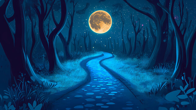 A moonlit path in a forest, leading to nowhere, aimlessness, lost in life s journey. Oblivion. Illustration