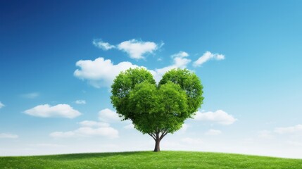 A heart-shaped tree with lush green foliage standing alone in a clear blue sky, isolated on white background