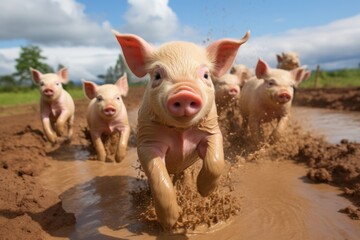 A playful group of piglets running through a muddy puddle, splashing water everywhere, with a rural farm setting