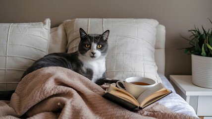 A cat lying in bed with a warm blanket holding a cup of tea and reading a novel Photography copyspace Minimalist color scheme muted tones clean lines