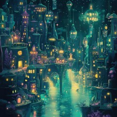 A Nighttime View of a Futuristic Aquatic City