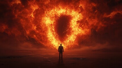 Obraz premium A figure stands before a fiery, circular formation in a dramatic, dark atmosphere, evoking themes of power and mystery.