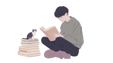 Obraz premium Young man reading a book with cat on books.