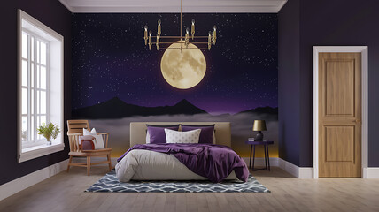 interior design mockup Interior of room with wooden door 3d rendering Moonlit Night Dark purple charcoal silver navy blue Childrens Book Illustration