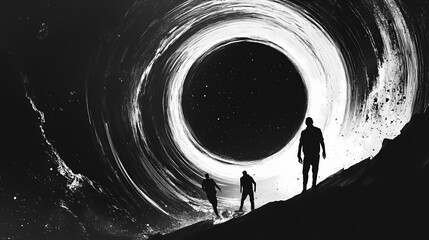 Black hole with an event horizon that bends light into 3d spirals with 2d shadowy figures caught in the gravitational pull hovering on the edge of oblivion. Oblivion. Illustration