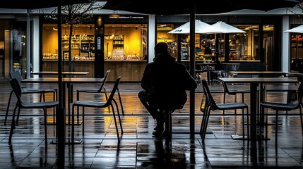 Here's a possible  and keyword list for the image... Solitary figure sitting at outdoor cafe in rain.