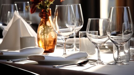 A side view of an elegant table setting in a high-end restaurant with glassware, including water and wine glasses