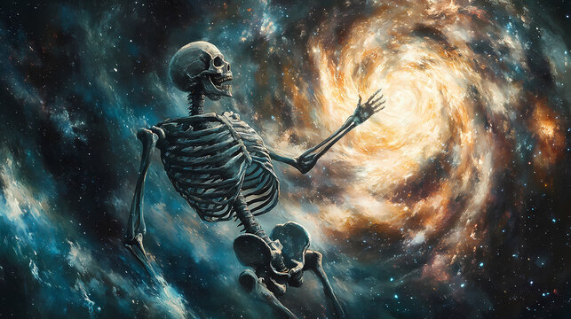 Bones spiraling into the cosmic vortex of time and space a surreal depiction of the inevitability of mortality and the mysteries of the universe. Oblivion. Illustration
