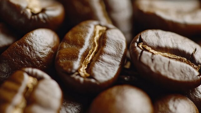 Close-up of glossy roasted coffee beans, their intricate details highlighted on a bright white background, ideal for promoting artisanal coffee products.