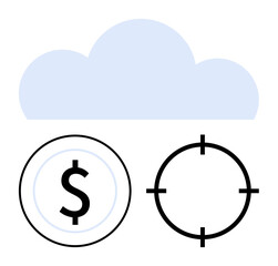 Cloud symbol above dollar sign and crosshair icons conveying concepts of financial transactions, strategic goals, and data security. Ideal for business strategy, financial planning, technology