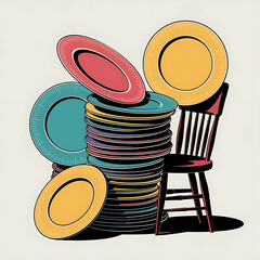 stack of colorful plates attempting to playgame of musical chairs isolated on white background cutout png design asset funny conceptCalligraphy