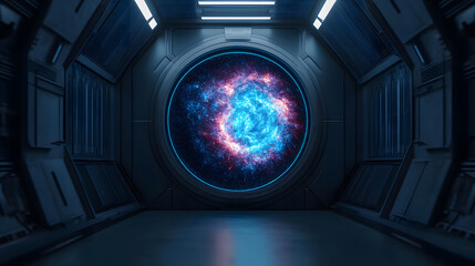 futuristic space observation hub featuring vibrant galaxy view through circular window. sleek interior design enhances cosmic experience