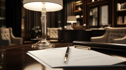 A pen rests on a contract on a wooden table in a dimly lit room.