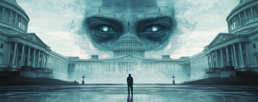 Government capitol building with an evil-looking face in the design representing big brother with government overreach. Created with Generative AI.
