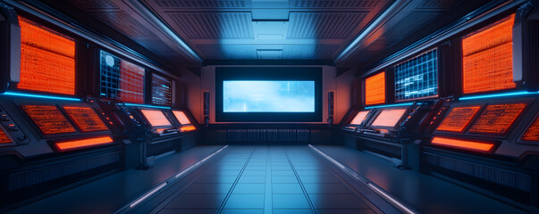 futuristic control room with glowing screens and red lighting, showcasing advanced technology and sleek design. atmosphere is intense and high tech, perfect for sci fi setting