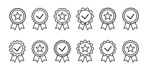 Set of line quality premium icons,  approved or certified medal, achievement badge vector illustration. Verified, quality symbol, check mark design elements for infographic, poster, website 