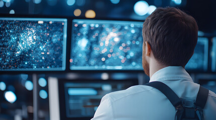Naklejka premium scientist observes multiple screens displaying cosmic data, immersed in research. environment is filled with advanced technology, highlighting exploration of universe