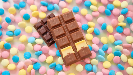 Cheerful Chocolate Bar A cute chocolate bar with a smiling face resting on a solid bright color Photography copyspace glossy effect