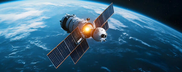 high tech satellite orbiting Earth, equipped with solar panels and advanced monitoring systems, captures stunning views of space and weather phenomena