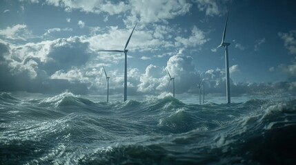 Wind turbines stand tall against a stormy sea, with powerful waves crashing against the wind farm in the distance. The sky is cloudy and dramatic, creating a sense of power and resilience.