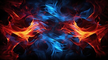 Fototapeta premium Fiery red and blue tendrils of flame intertwining and dancing, with the stark black background enhancing the vivid colors