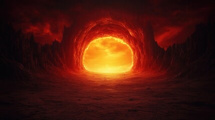 A fiery orange sun emerges from a dark, rocky landscape, casting an intense glow over a surreal, otherworldly scene.