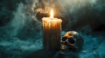 A burning candle and a skull in smoke: a moody still life. Oblivion. Illustration