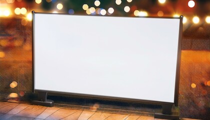 Blank Billboard at Night:  A large, blank billboard stands prominently outdoors at night, illuminated by warm, blurred city lights in the background. Perfect for your advertisement or design mockup.