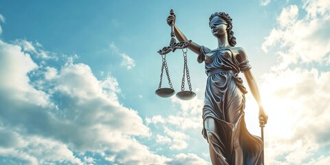 Naklejka premium Lady Justice Statue Against a Bright Blue Sky: Symbol of Law, Equality, and Justice