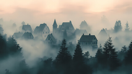 A forgotten mystical village engulfed in fog.generative ai. Oblivion. Illustration