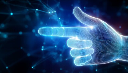 Digital Hand Guiding Innovation: A futuristic, glowing hand points towards a network of interconnected nodes, symbolizing technological advancement and guidance in the digital age.