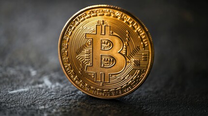 Close-up of a gold Bitcoin cryptocurrency coin on a dark background.